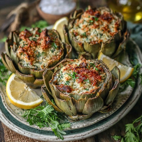 A plate of stuffed artichokes with lemon wedges.