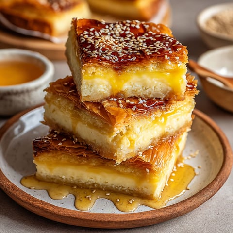 A stack of golden Greek honey pie.