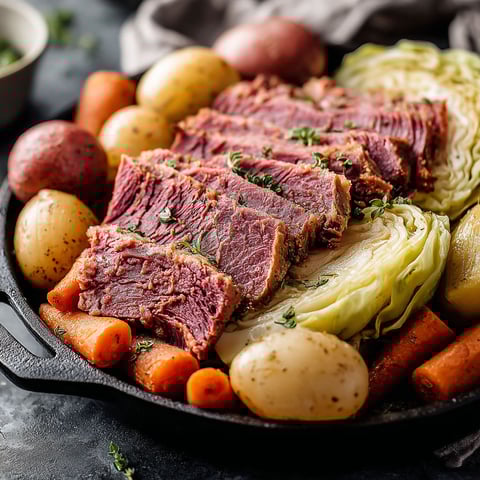 A close up of a crockpot with corned beef and cabbage.