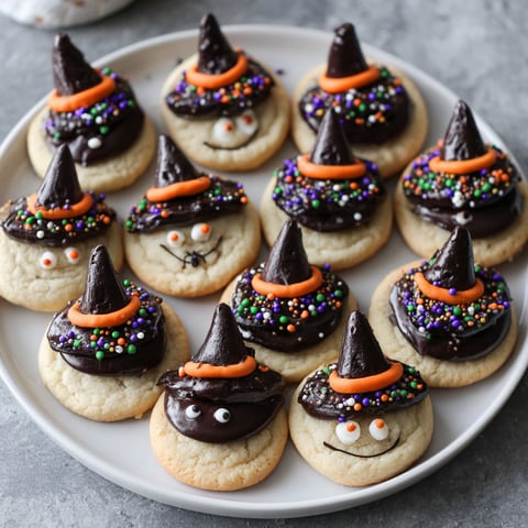 A plate of Halloween cookies with witch hats on them.