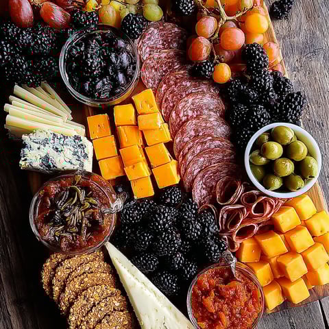 A variety of cheeses and meats on a wooden platter.
