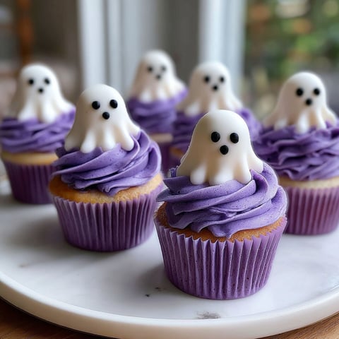 A plate of purple cupcakes with white frosting and ghost decorations.