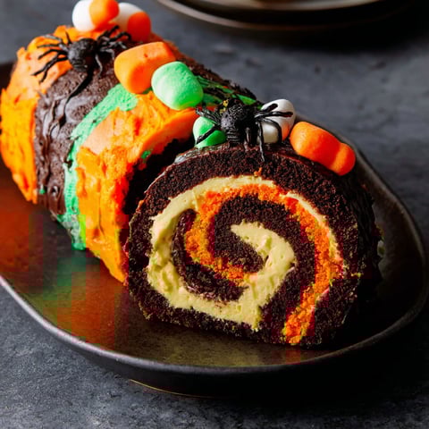 A Halloween Oreo Roll is displayed on a plate.