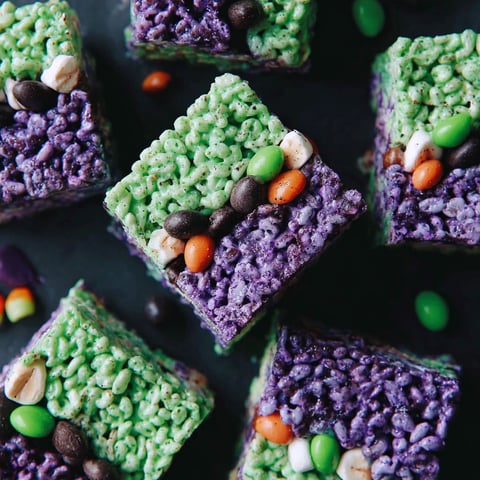 Halloween treats made from crispy rice and candy.