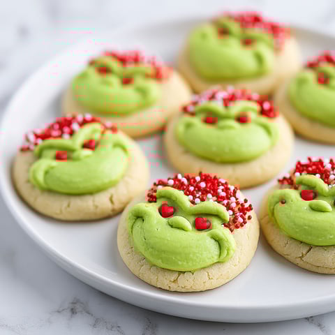 A plate of green thumbprint cookies with red hearts.