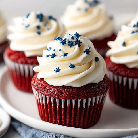 A plate of red velvet cupcakes with white frosting.