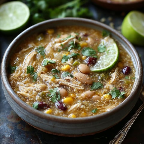 A bowl of chicken and quinoa chili.