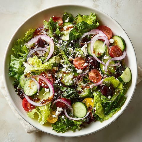 A bowl of fresh green salad with tomatoes, cucumbers, onions, and feta cheese.