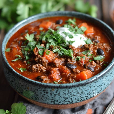 A bowl of chili with a dollop of sour cream on top.