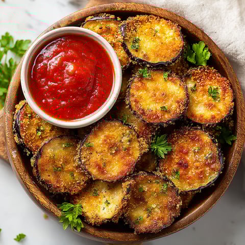 A bowl of air fryer eggplant with a side of ketchup.