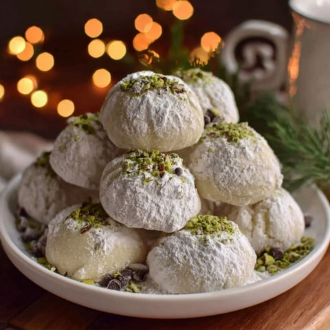 A plate of snowball cookies with green and white toppings.