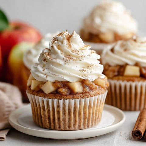 Two apple pie cupcakes with whipped cream topping.