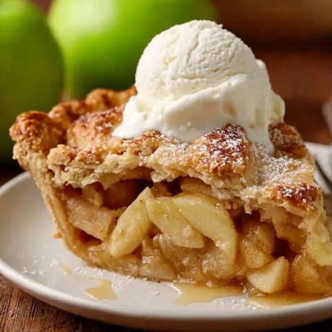 A homemade apple pie with a scoop of ice cream on top.