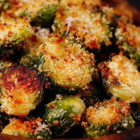 A close up of roasted garlic parmesan brussels sprouts.