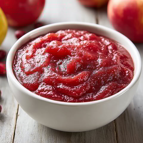 A bowl of red cranberry applesauce.