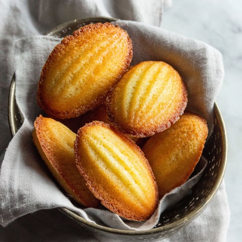 A bowl of freshly baked lemon madeleines.