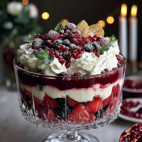 A glass bowl filled with a Christmas Pavlova Trifle.