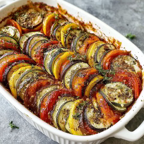 A baked Ratatouille Casserole with a variety of vegetables.