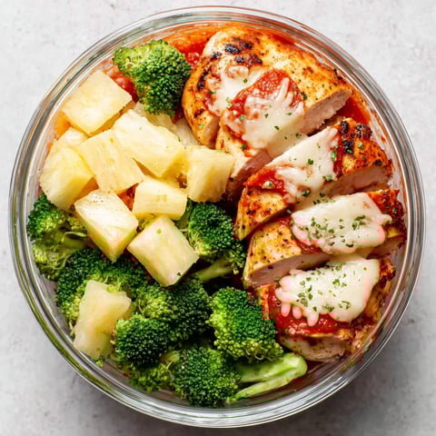 A bowl of food with chicken, broccoli, and pineapple.