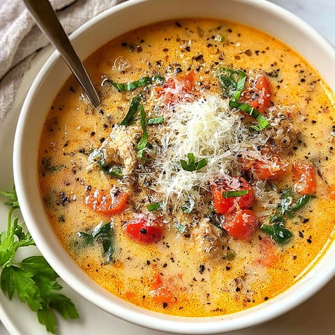 A bowl of soup with tomatoes, cheese, and herbs.