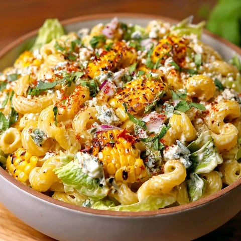 A bowl of pasta salad with corn and blue cheese.