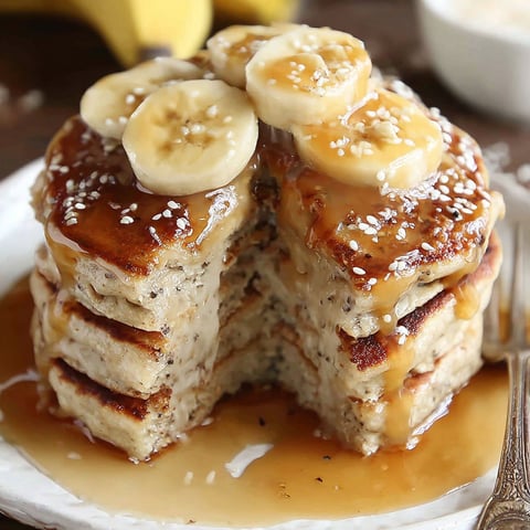 A stack of pancakes with bananas on top.