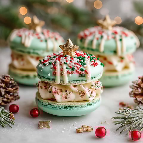 Macarons with Christmas tree decorations on top.