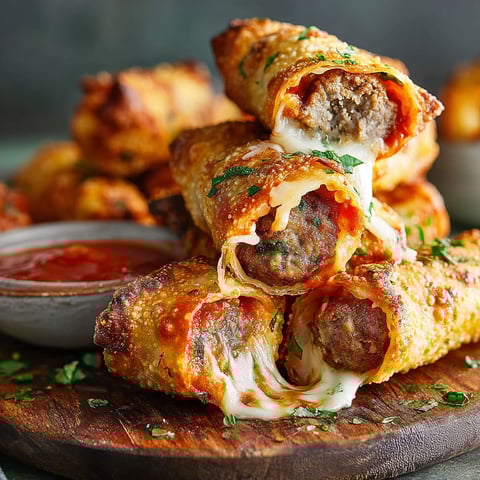 Meatball sub egg rolls on a wooden table.