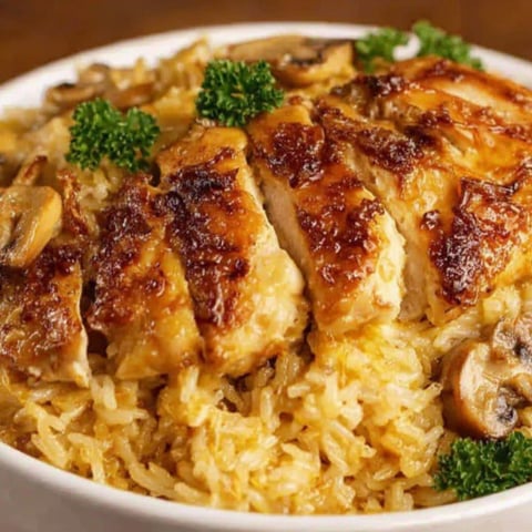 A bowl of chicken and rice casserole.