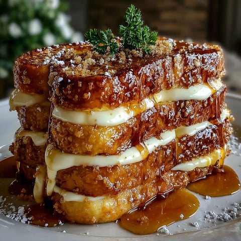 A stack of French toast with powdered sugar and a sprig of parsley on top.