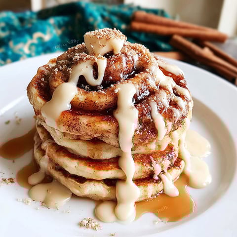 A stack of cinnamon roll pancakes with butter drizzled on top.
