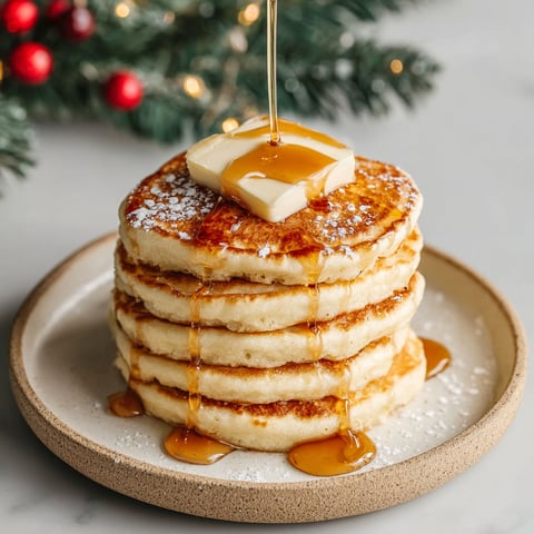 A stack of pancakes with syrup drizzled on top.