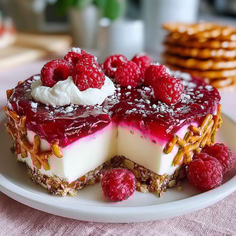A slice of raspberry pretzel salad on a plate.