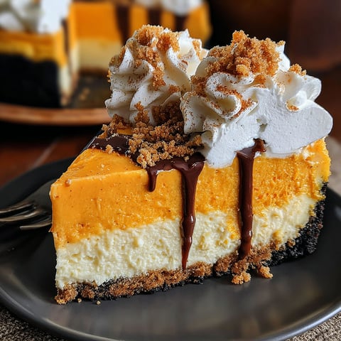 A slice of pumpkin cheesecake with chocolate drizzle.