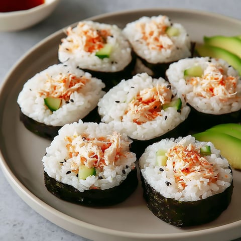 A plate of sushi with crab meat and avocado.