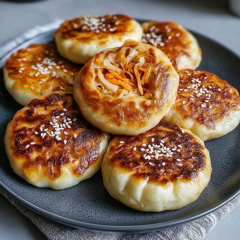 A plate of crispy pan-fried cabbage and noodle buns.