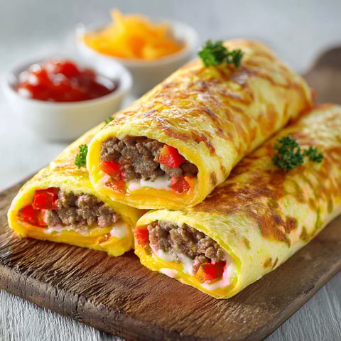 Two high protein egg wraps with meat and vegetables.
