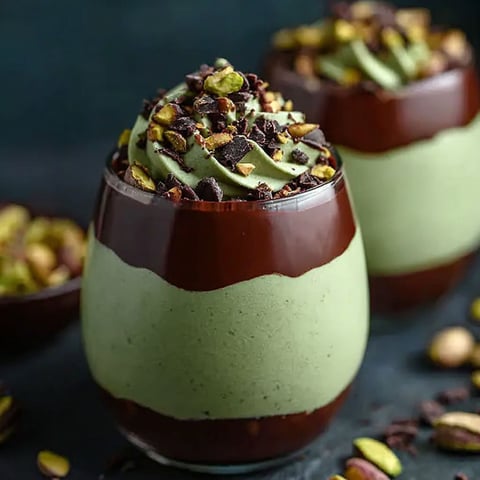 A close up of a chocolate and pistachio mousse dessert.
