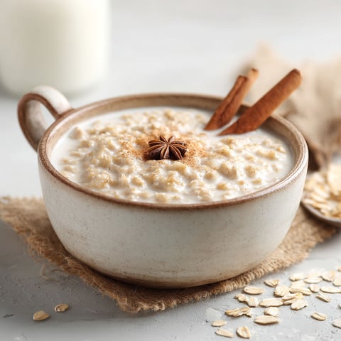 A bowl of creamy Dominican oatmeal with a spoon in it.