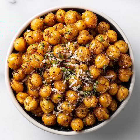 A bowl of chickpeas with cheese and herbs.