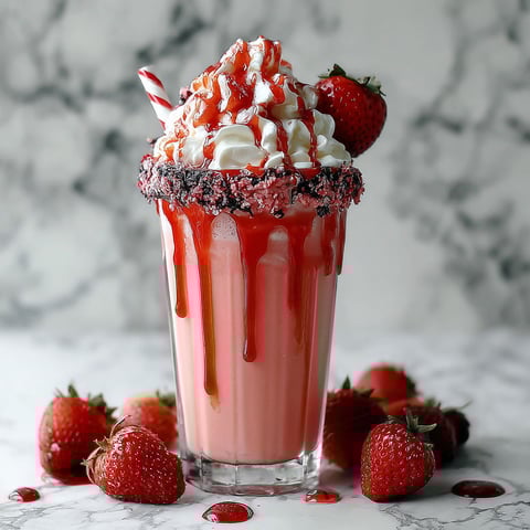 A glass of a bloody berry milkshake with strawberries on the side.