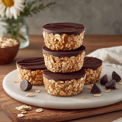 Four stacked cups of peanut butter and oat cake.