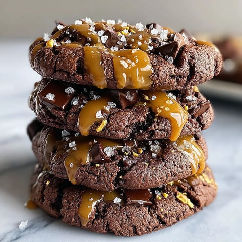 Three stacked chocolate cookies with caramel drizzle.