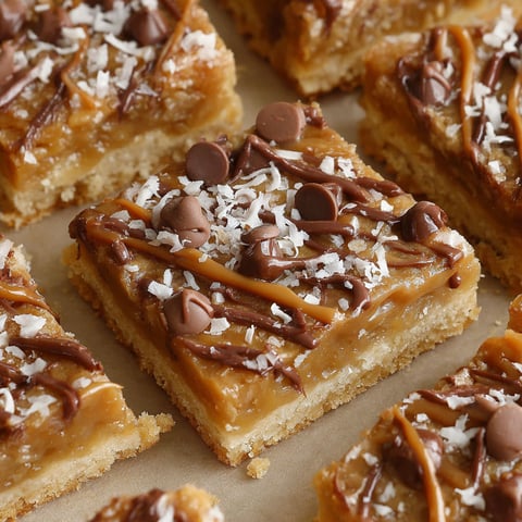 A close up of a caramel coconut bar.