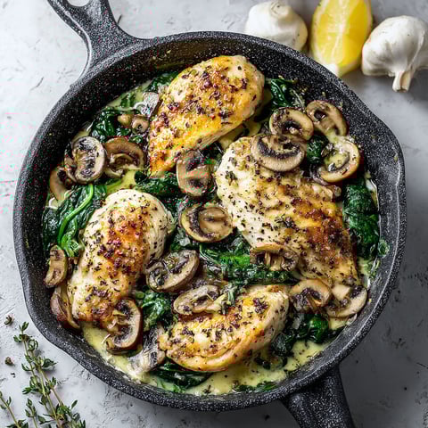 A delicious spinach mushroom chicken bake in a black skillet.