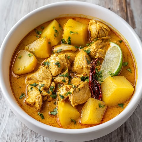 A bowl of chicken and potato stew.
