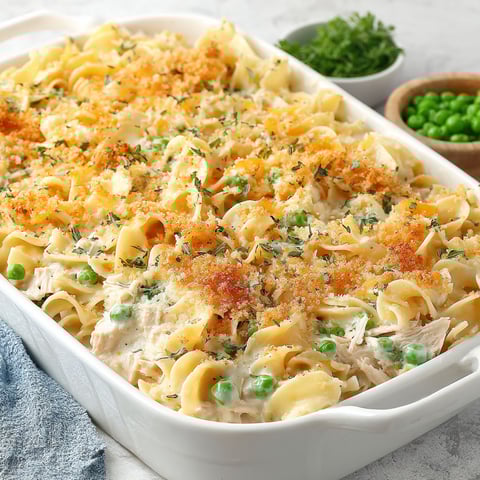 A white bowl filled with a tuna noodle casserole.