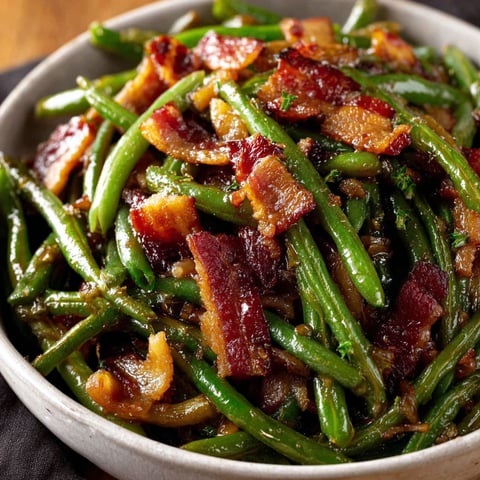 A bowl of green beans with bacon.