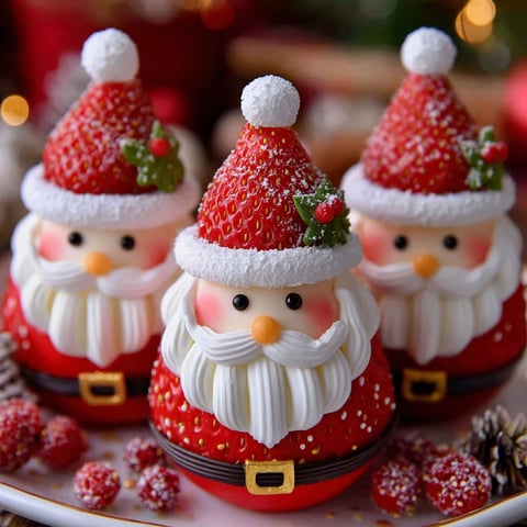 Three Christmas strawberry Santas on a plate.