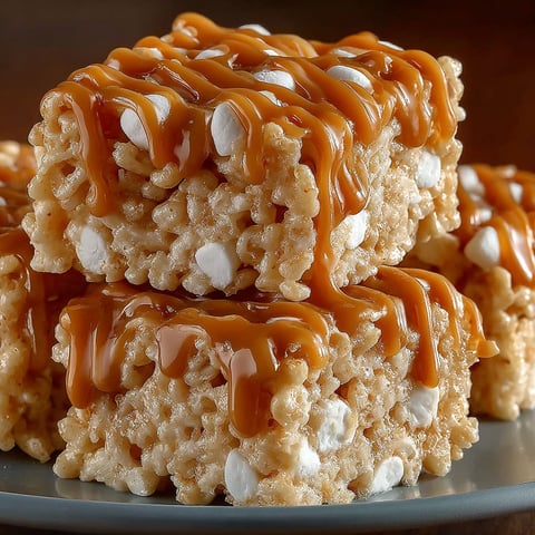 A plate of rice krispie treats with caramel sauce.